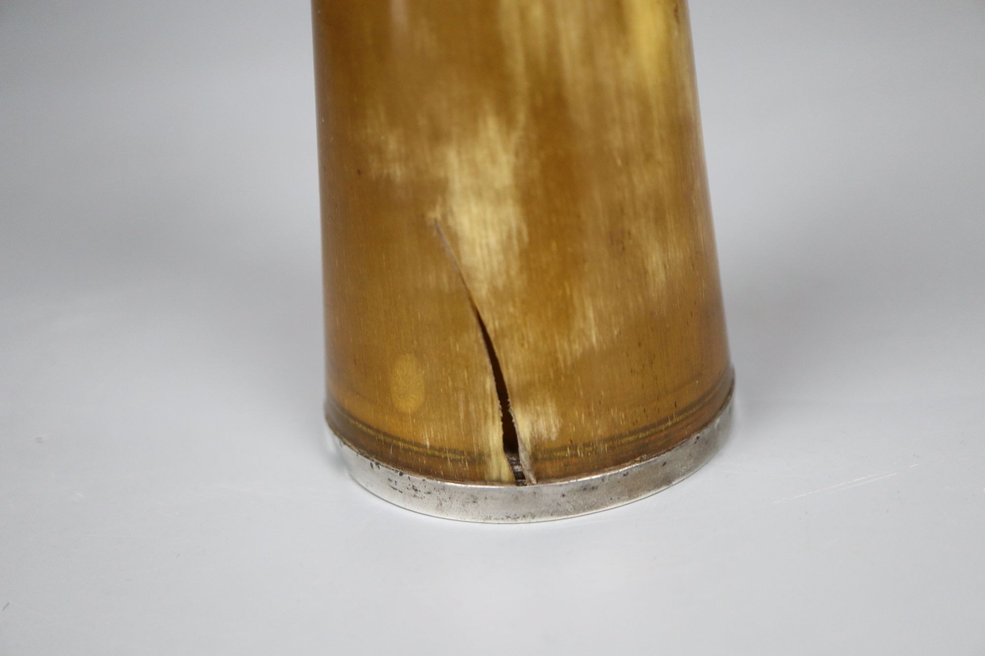 A Victorian silver mounted conical shaped horn flask, Thomas Johnson, London, 1875, 25.5cm, a.f.